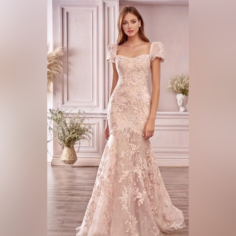 Long Pink Short-Sleeve Mermaid Prom Dress